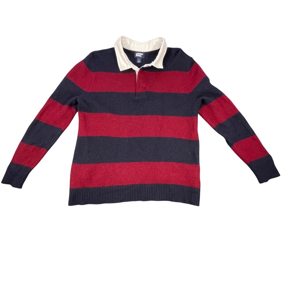 Lands End Red Navy Striped Lambswool Rugby Sweater Mens L